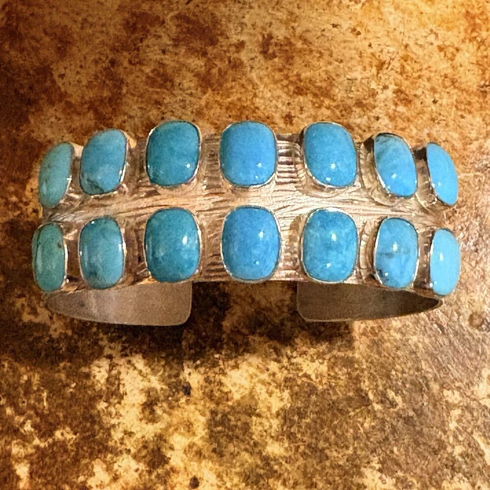 Estate Jay King Cuff Bracelet Sterling Silver w/ 14 Turquoise Stones Statement